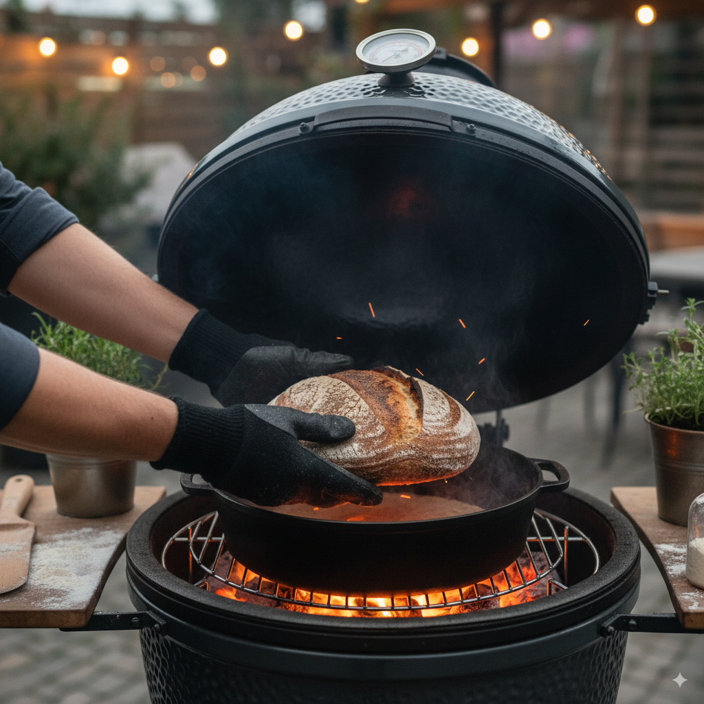 Kamado style grill. Baking sourdough loaf