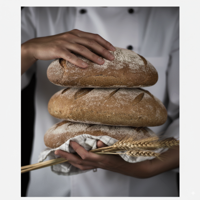 Baker holding loaves of sourdough