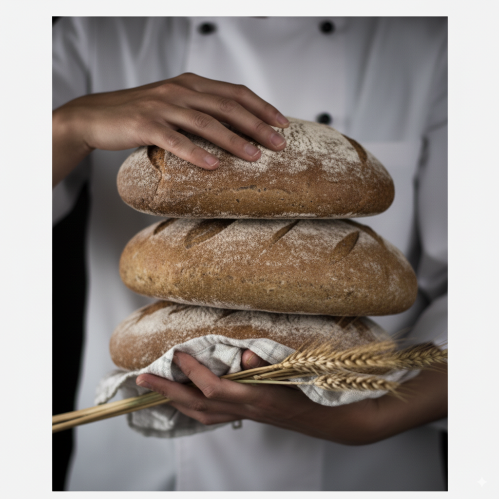 Baker holding loaves of sourdough