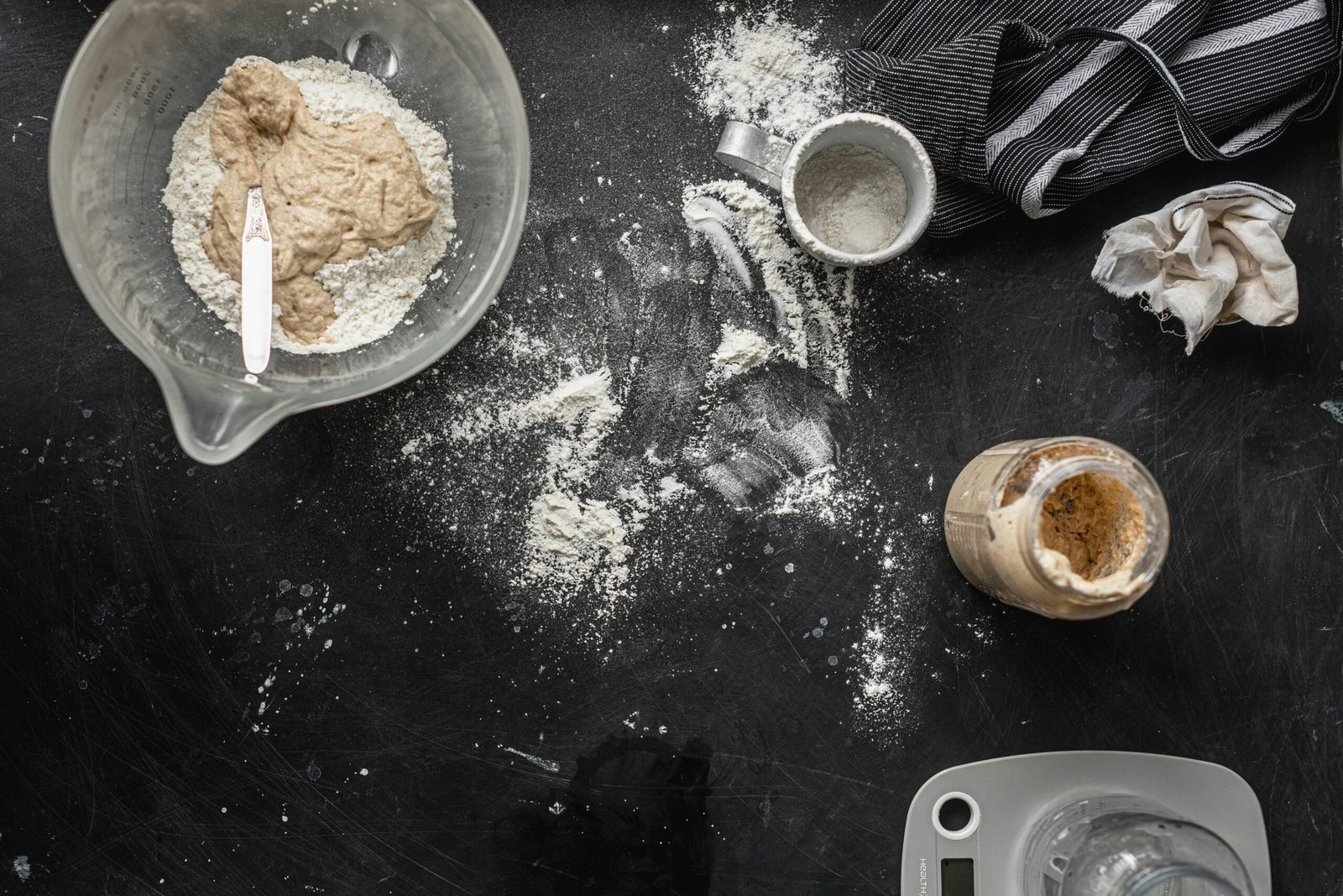 Sourdough starter, flour, water, and ingredients