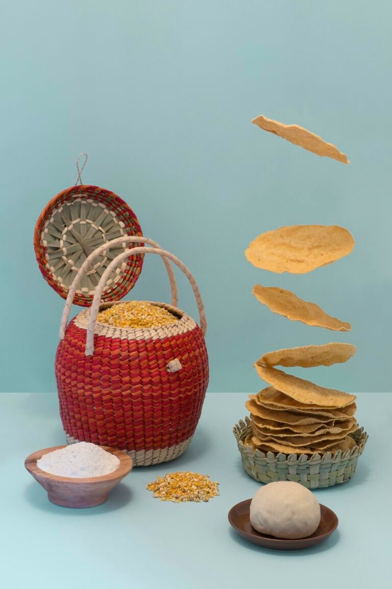 Masa Harina, tortillas, and corn in a basket