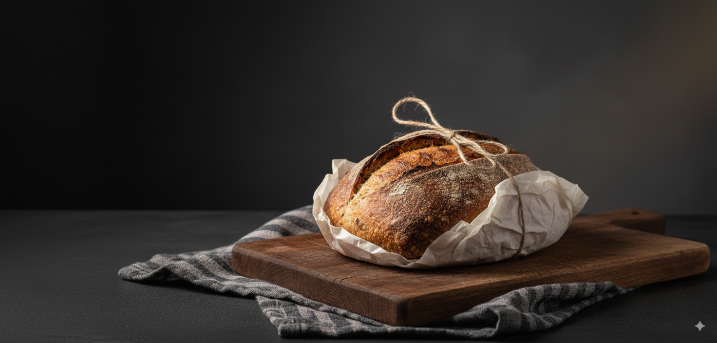loaf of sourdough on cutting board at home