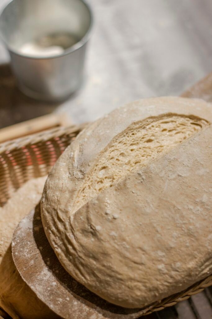 Final proofing of sourdough bread. Score in dough.