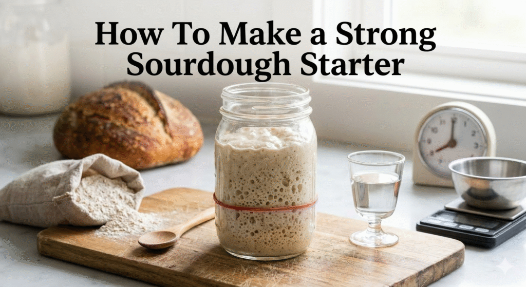 Strong sourdough starter that has doubled in height next to flour and water.